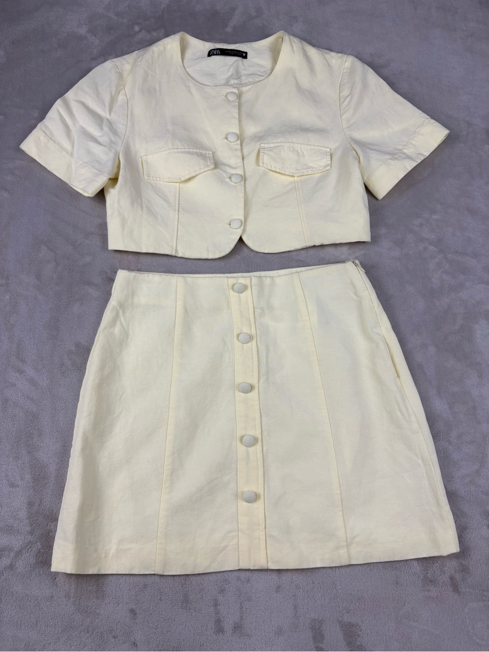 Zara Women’s Linen Blend 2 Piece Set XS Cream Crop Top Mini Skirt Co Ord - Picture 2 of 9